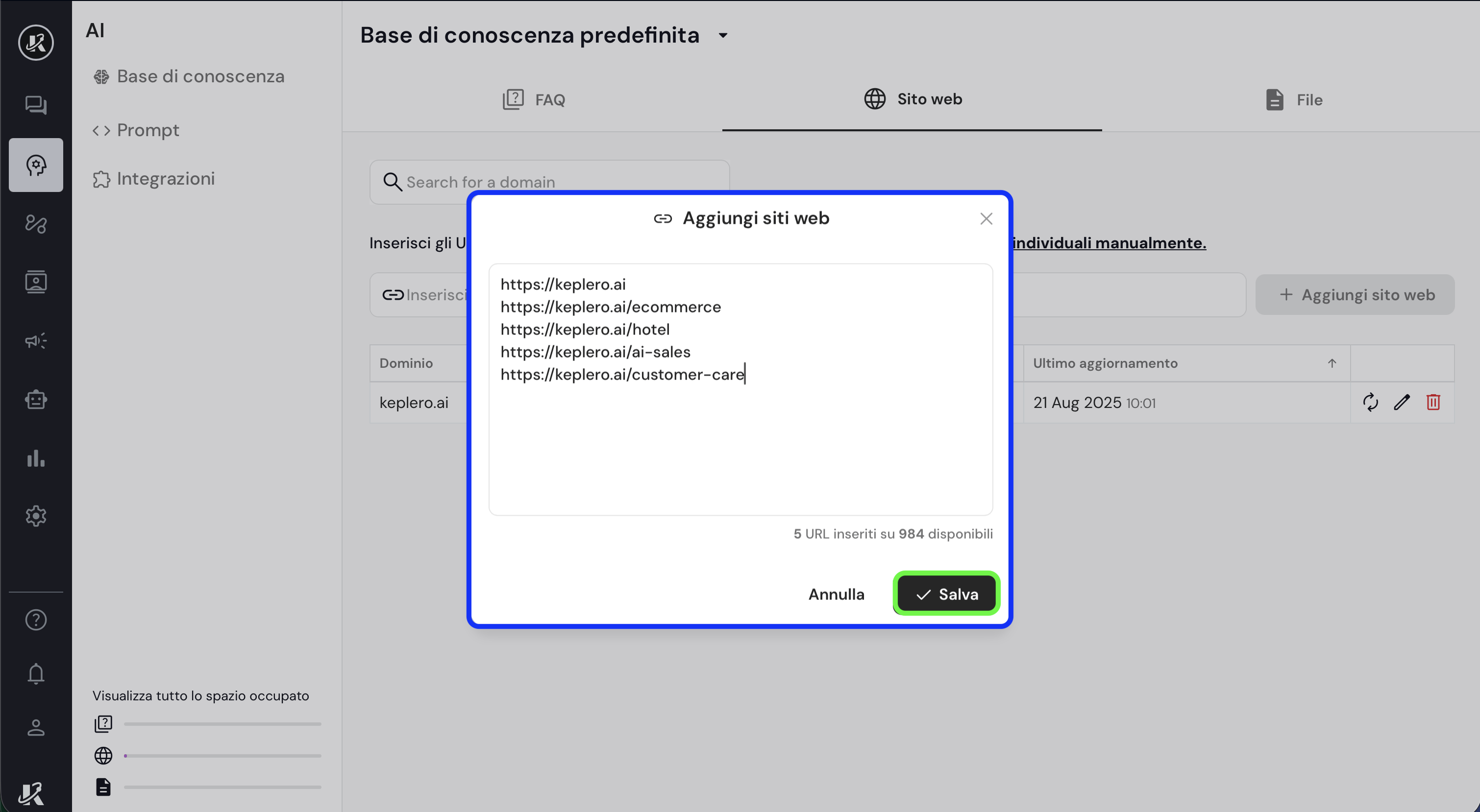 Siti web nella base di conoscenza di Keplero AI