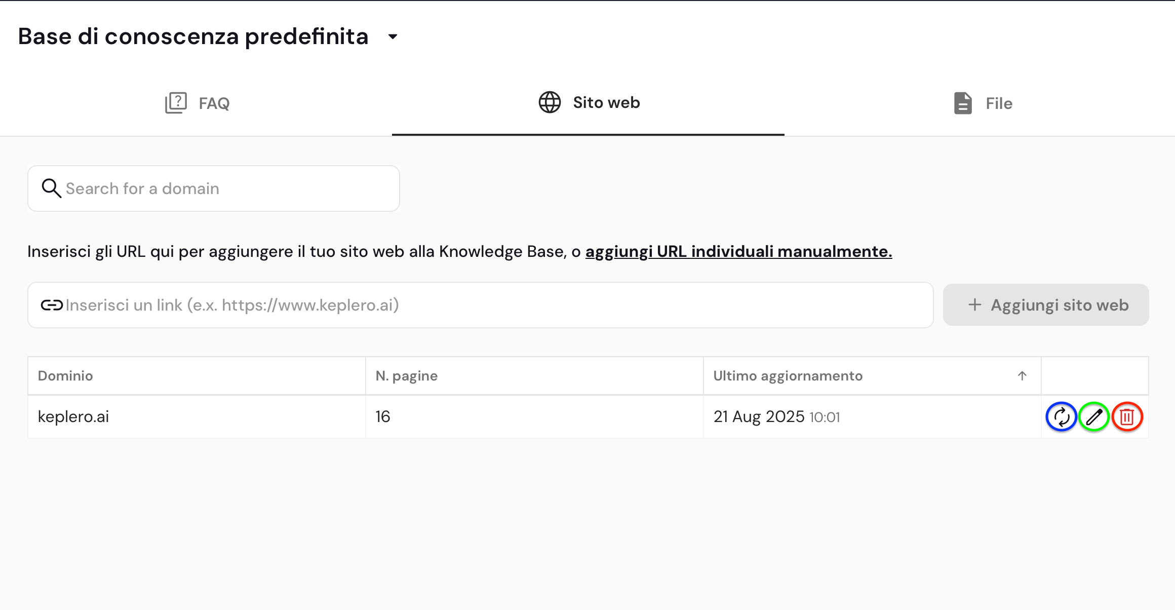 Siti web nella base di conoscenza di Keplero AI