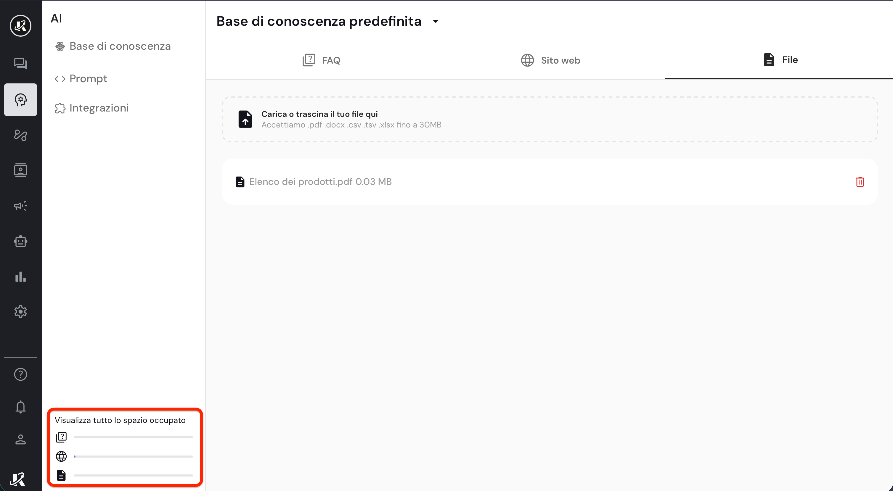 Spazio occupato nella base di conoscenza di Keplero AI