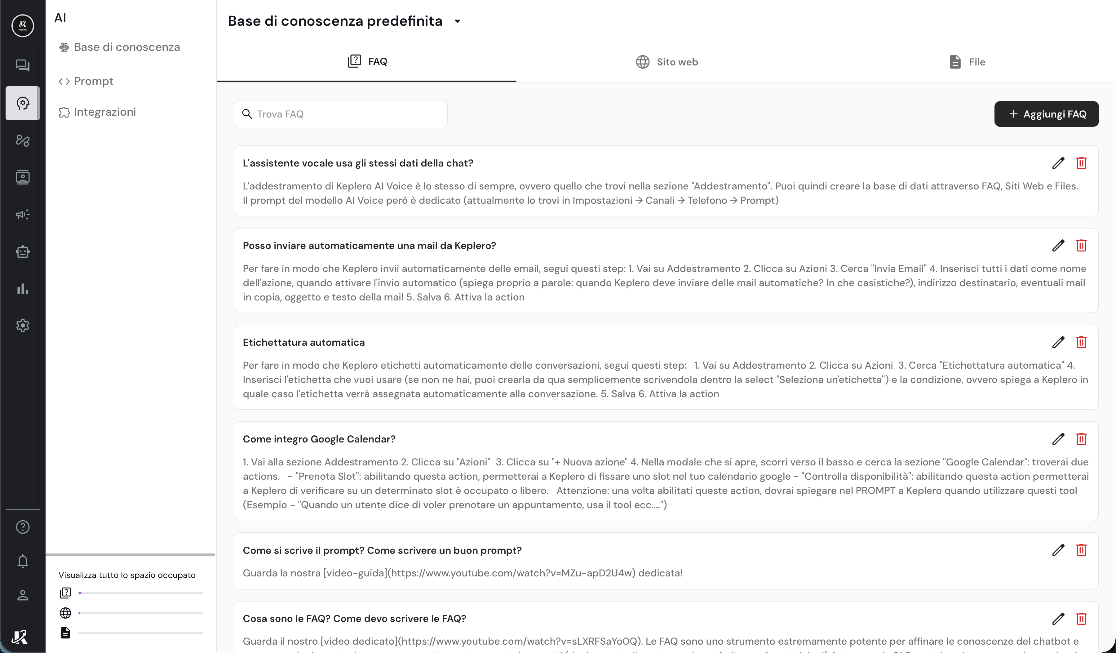 Vista della sezione Addestramento nella dasbhaord di Keplero AI