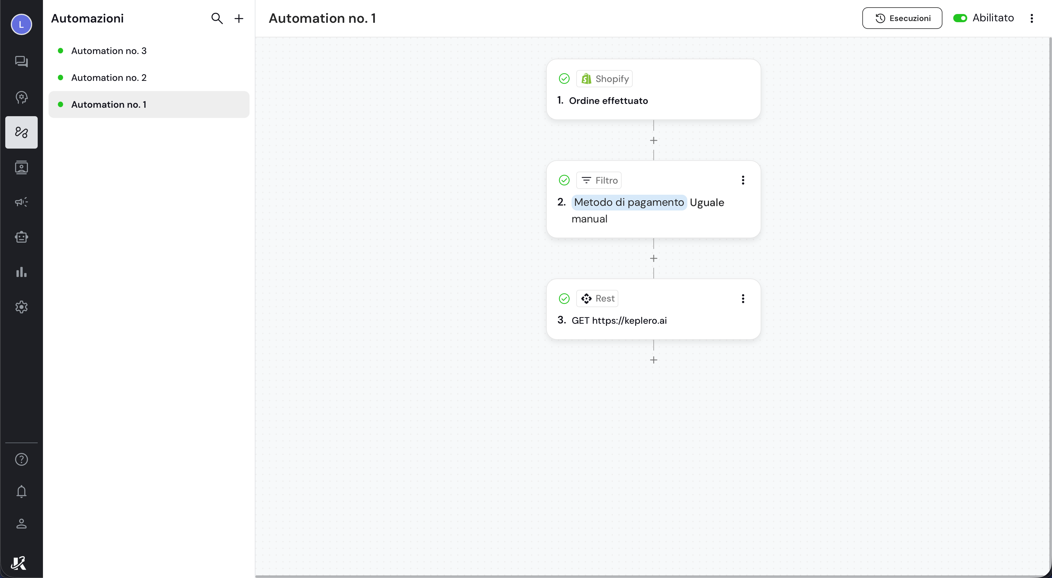 Vista della sezione Automazioni nella dasbhaord di Keplero AI