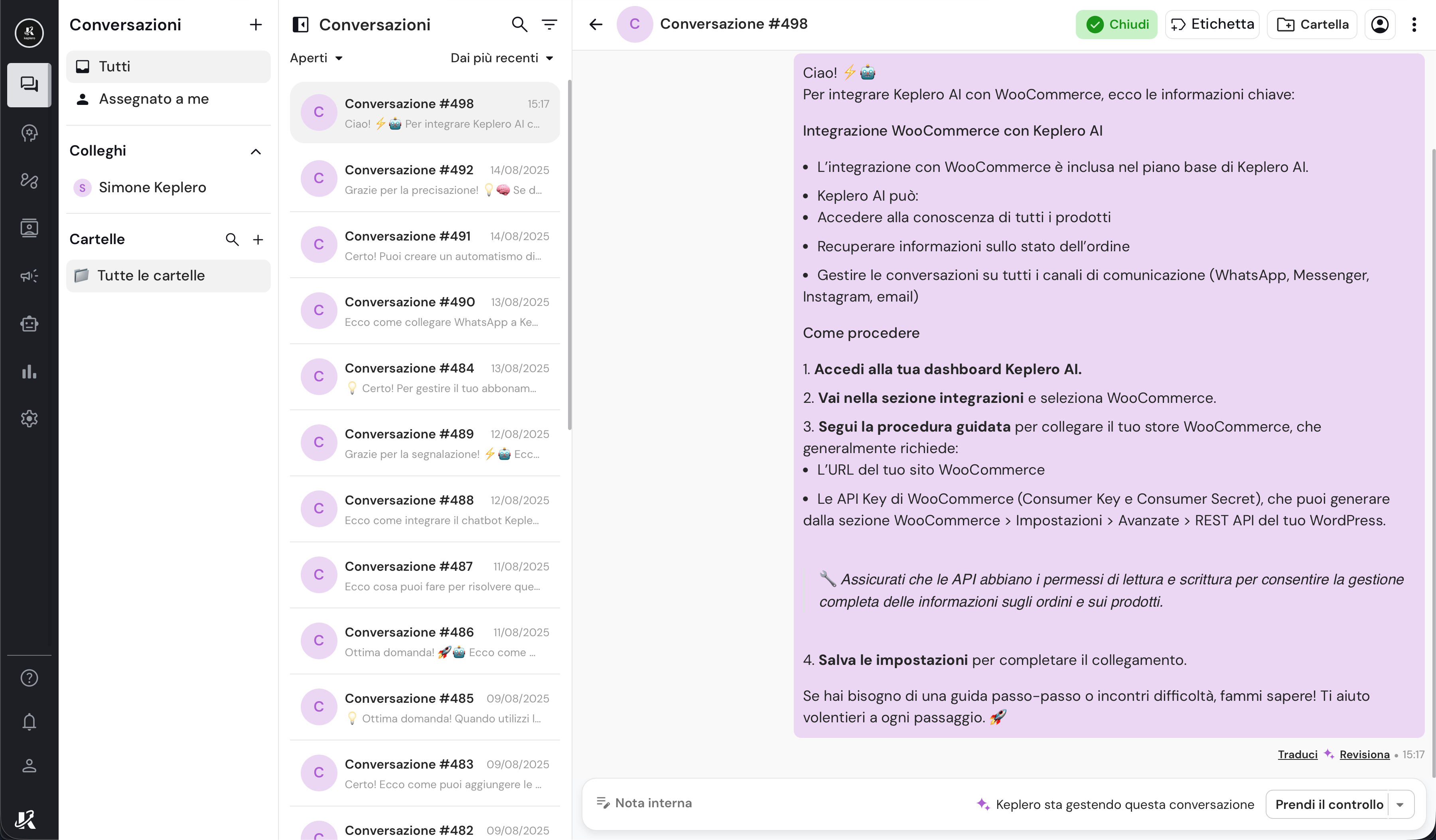 Vista della sezione Conversazioni nella dasbhaord di Keplero AI