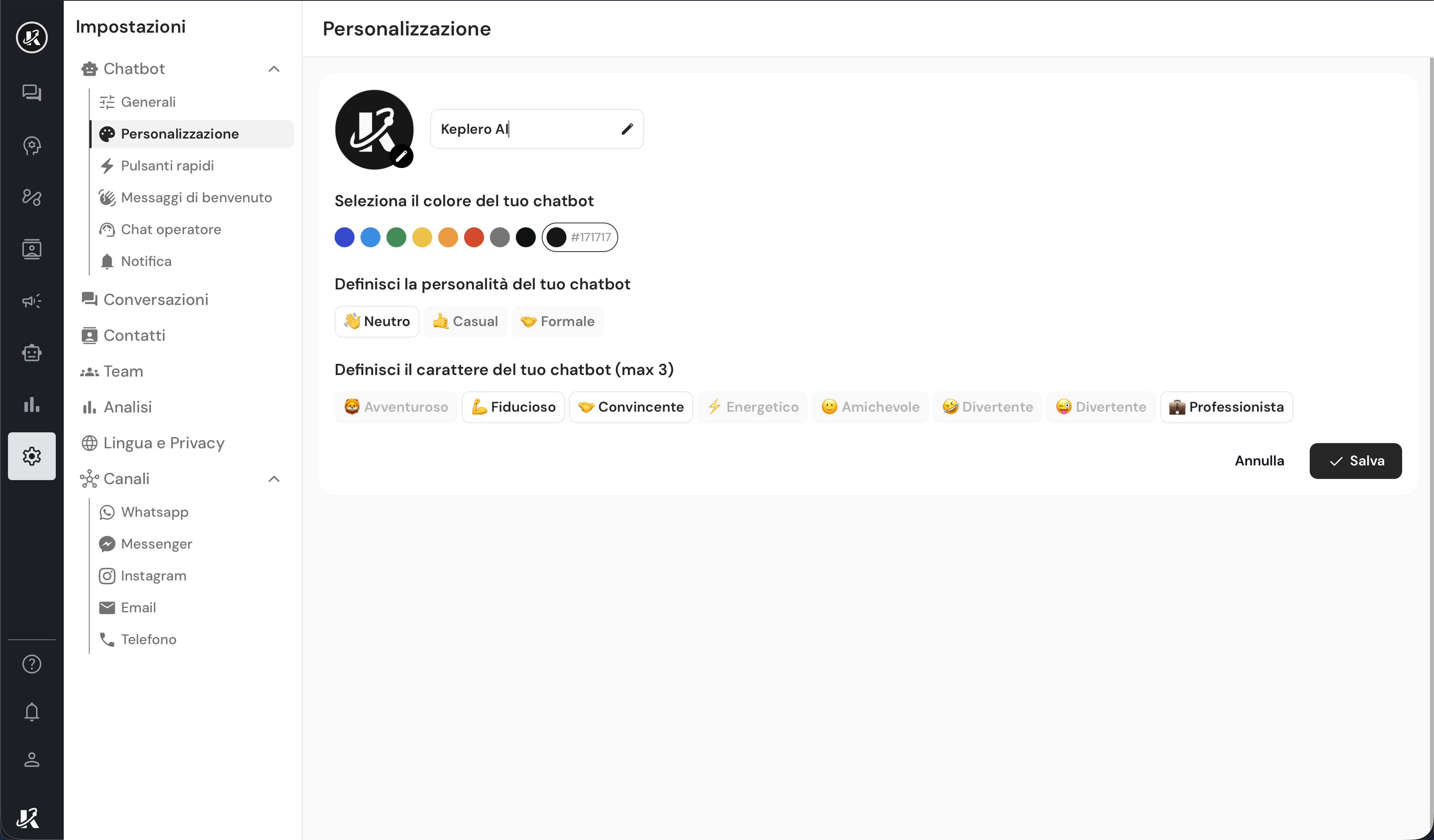 Vista della sezione Impostazioni nella dasbhaord di Keplero AI