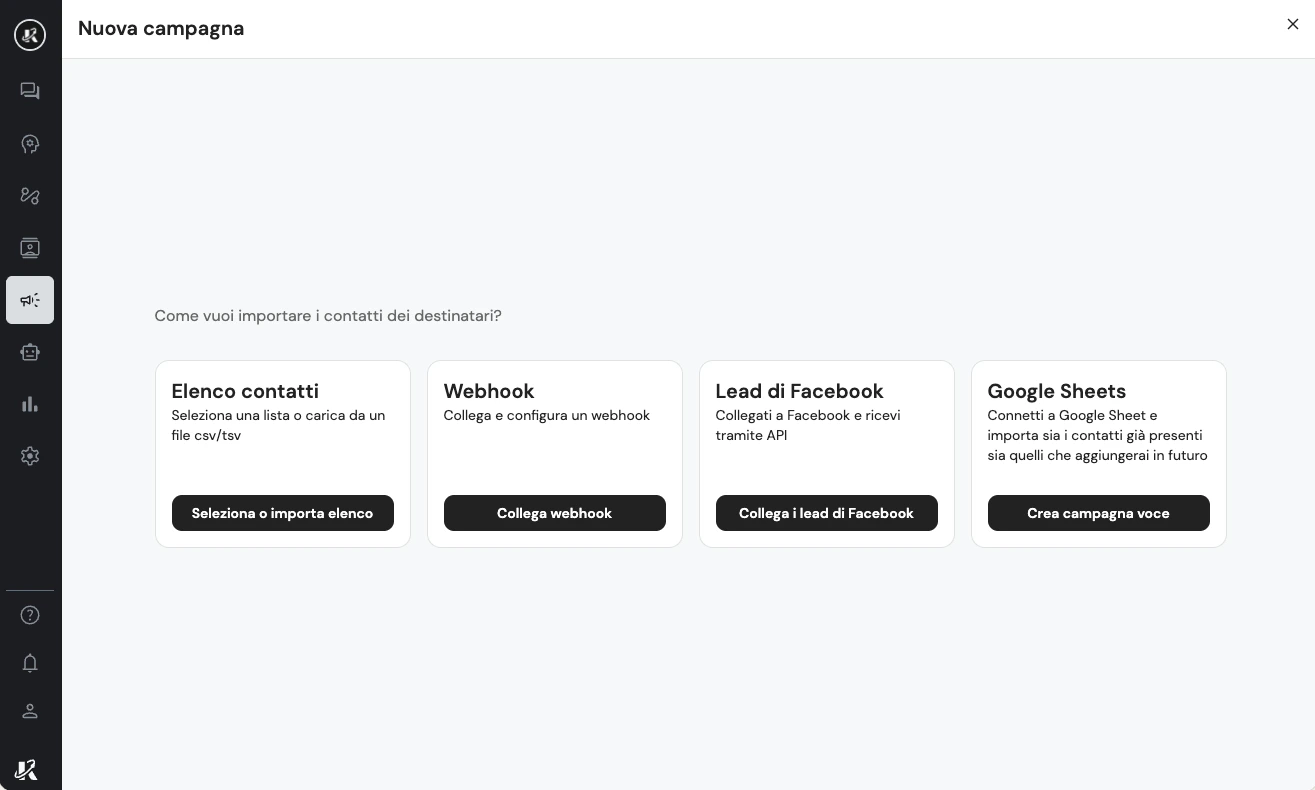 Selezione del metodo di importazione contatti