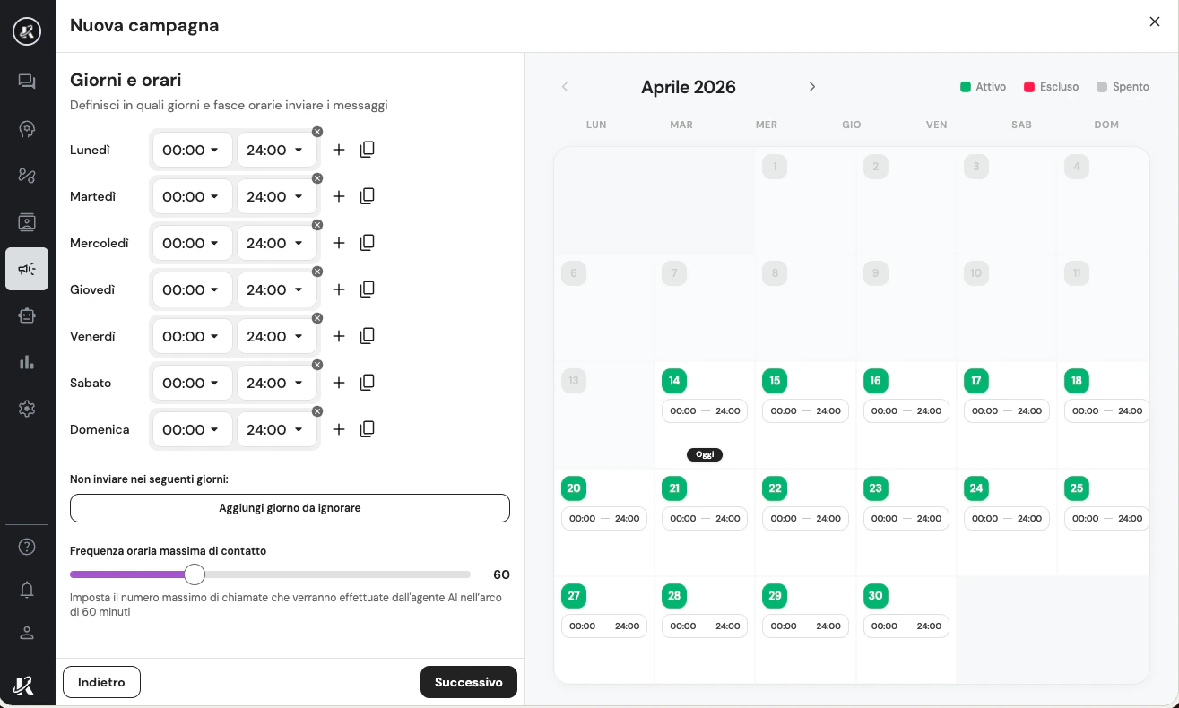 Impostazione giorni, orari e frequenza di contatto