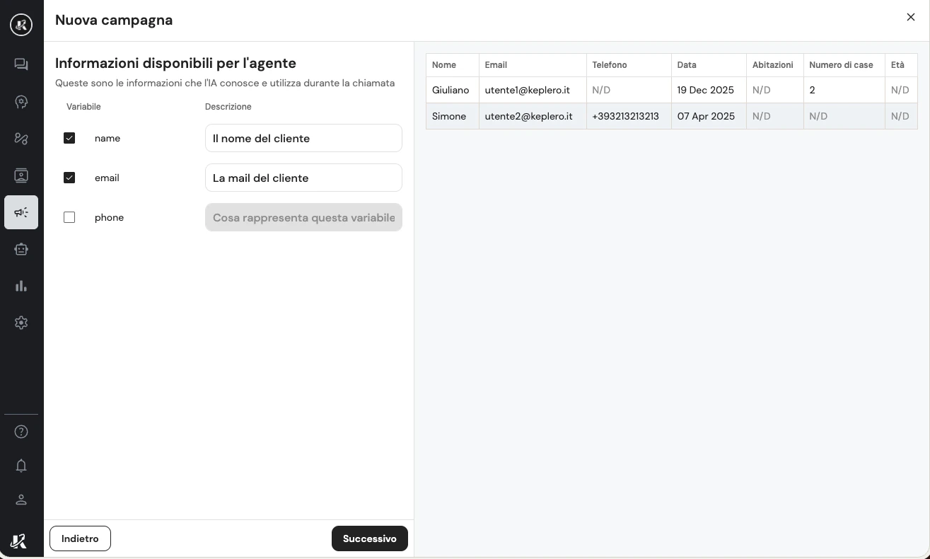 Selezione delle informazioni disponibili per l'agente vocale