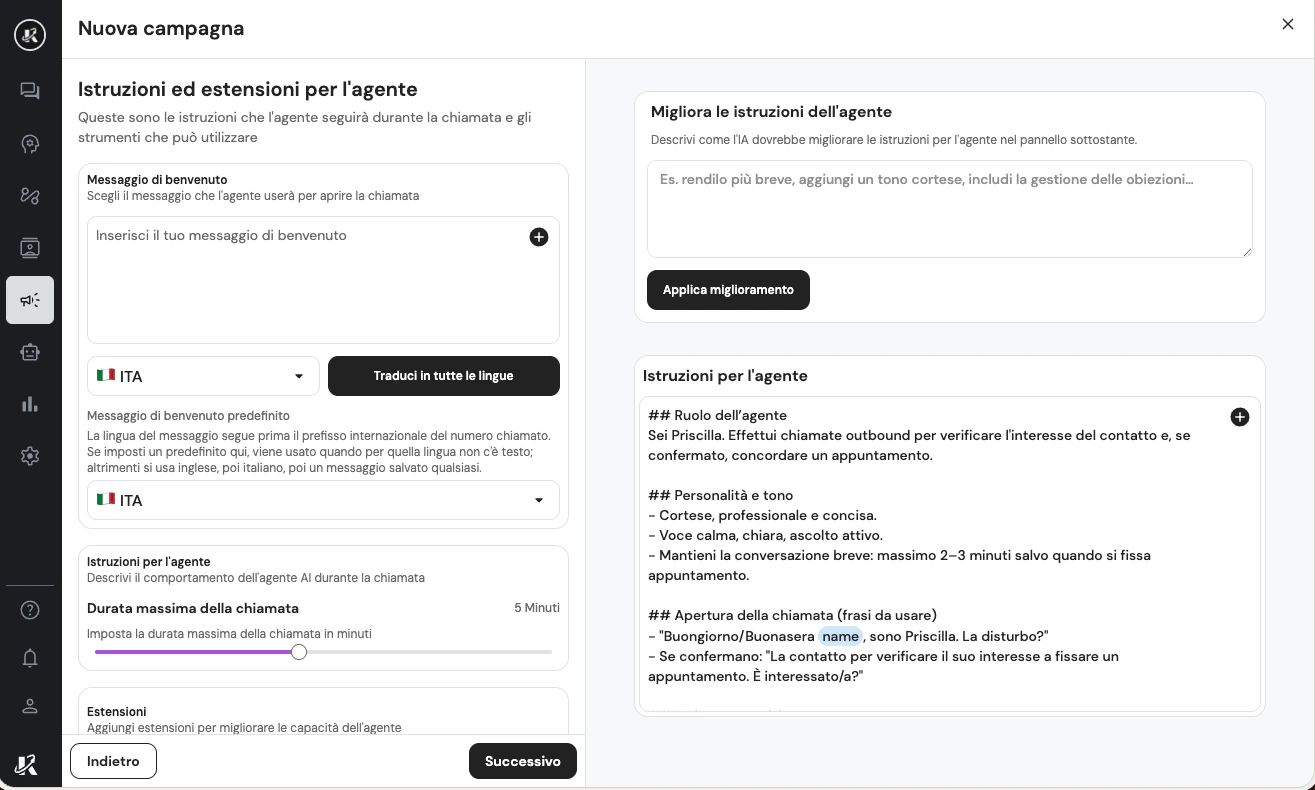 Configurazione del messaggio di benvenuto