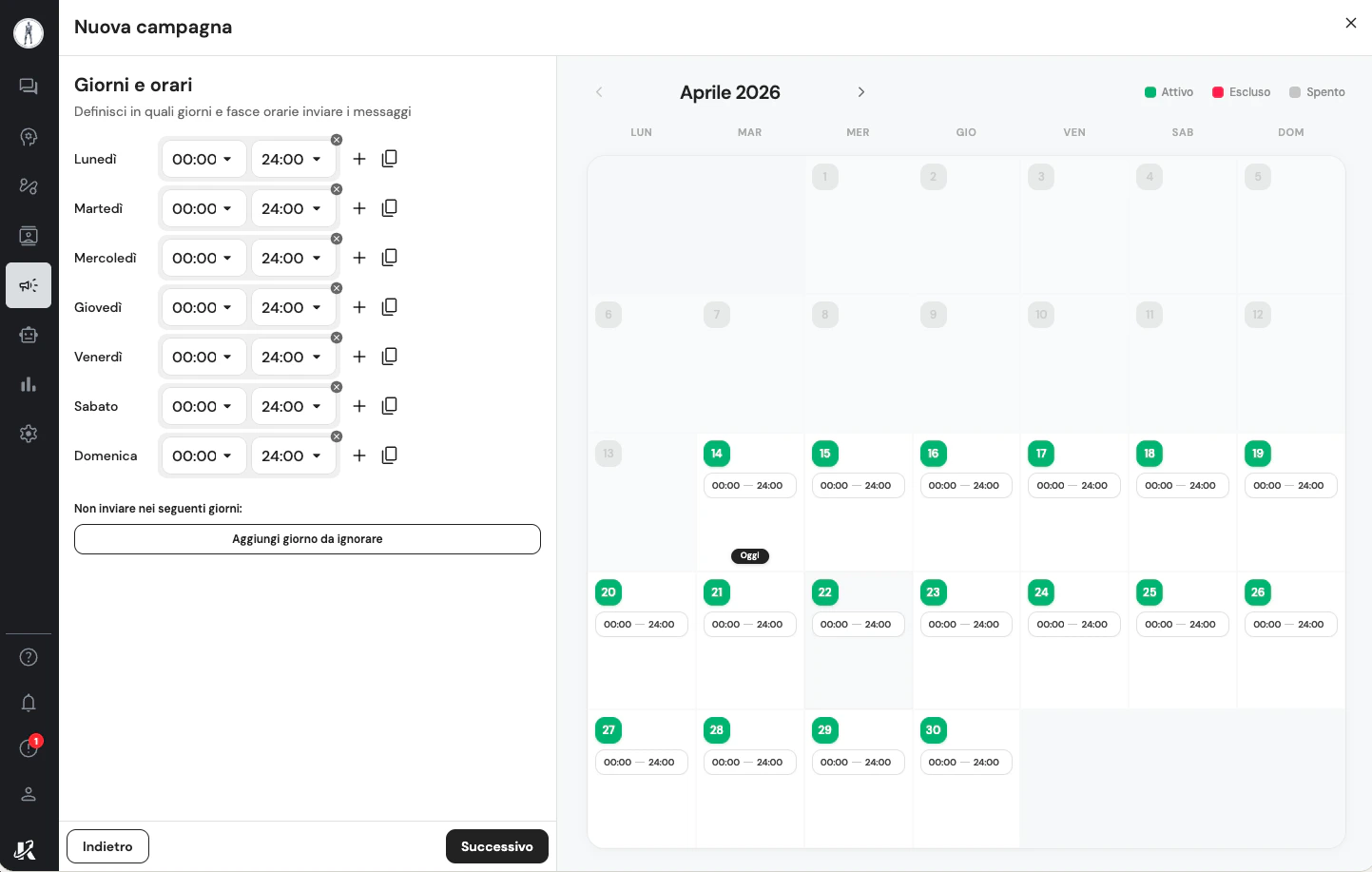 Impostazione giorni e fascia oraria di invio