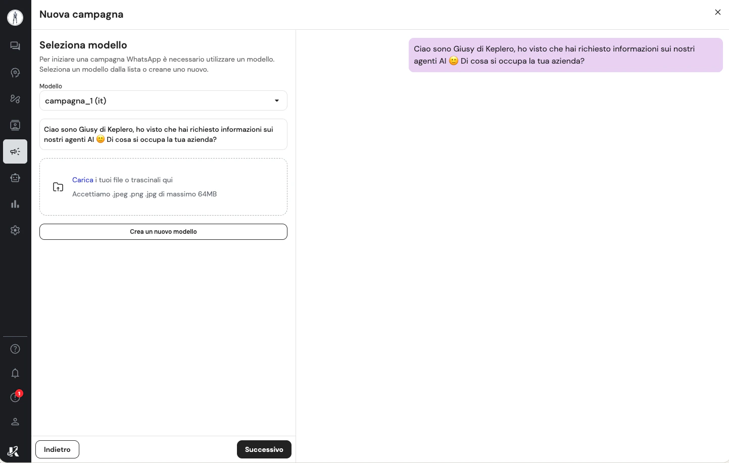 Selezione del modello WhatsApp