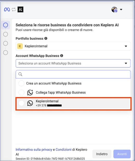 Selezione dell'account WhatsApp Business esistente nel flusso di riconnessione Meta