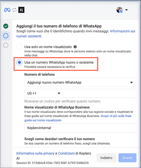 Selezione dell'opzione «Usa un numero WhatsApp nuovo o esistente»