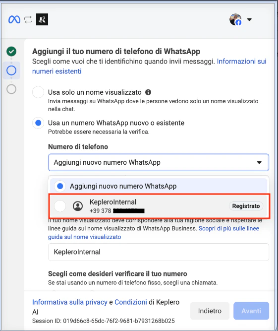 Selezione del numero di telefono già registrato dalla lista a tendina