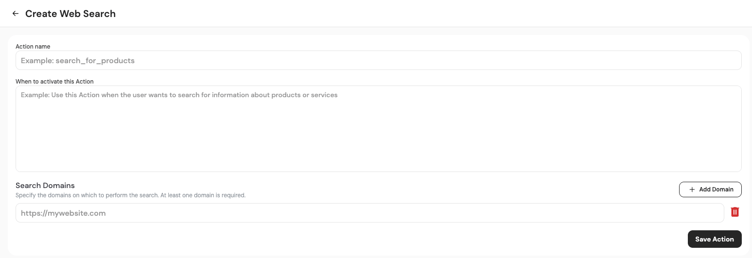 Form di configurazione dell'azione Web Search con nome, condizione di attivazione e domini di ricerca