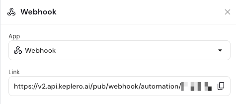 URL del webhook fornito da Keplero