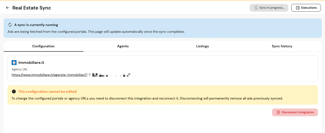 Configurazione dell'integrazione con URL inserito e sincronizzazione in elaborazione