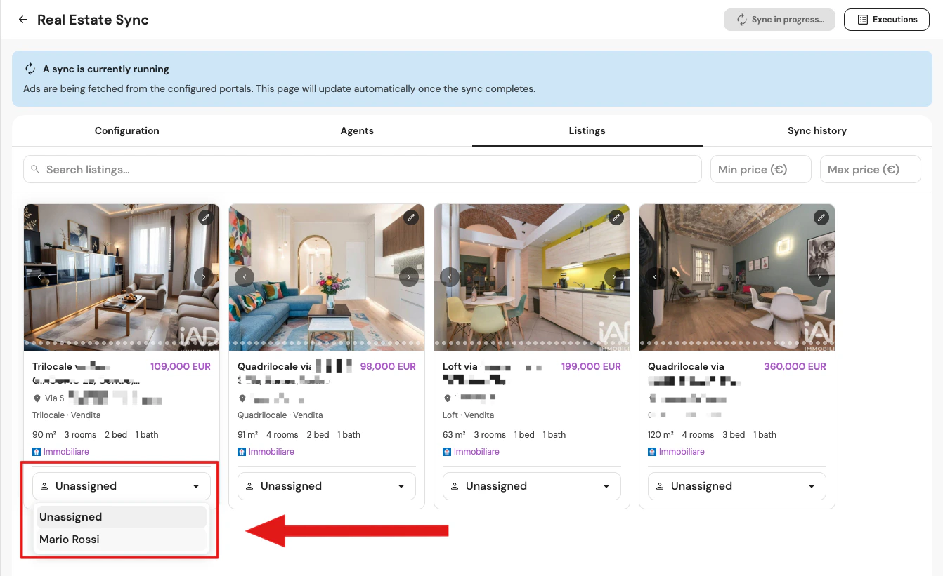 Scheda Listings con elenco immobili e assegnazione dell'agente di riferimento