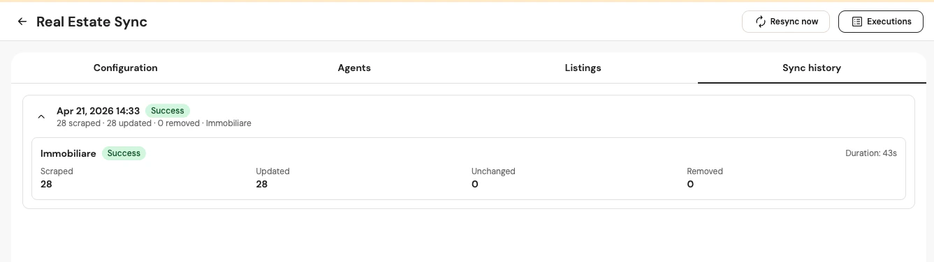 Scheda Sync History con lo storico delle sincronizzazioni e relativi dettagli