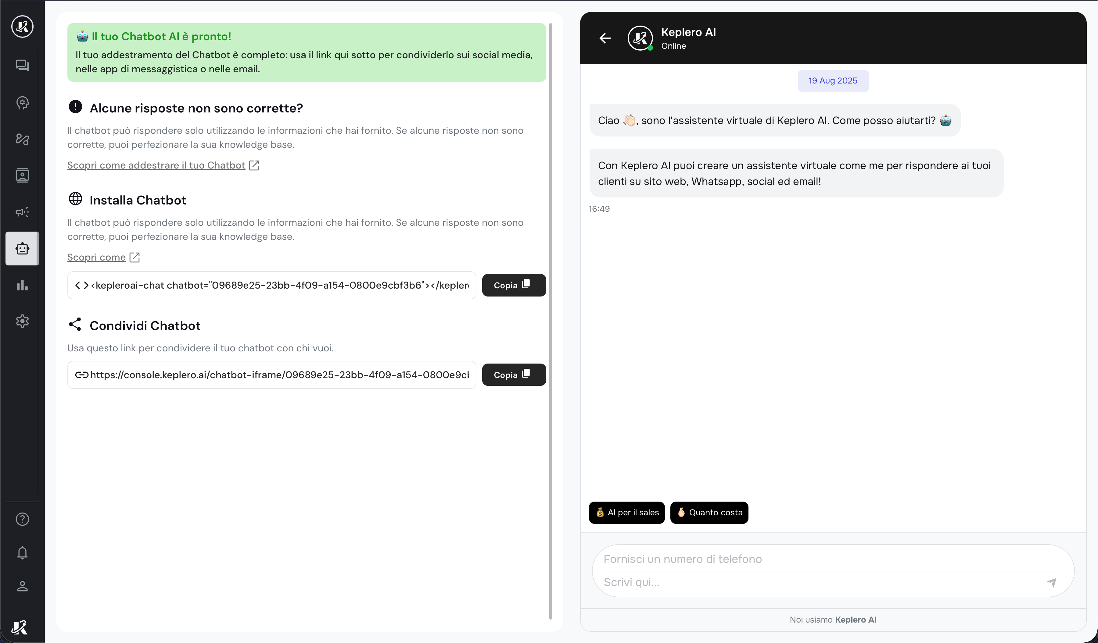 Vista della sezione Test Chatbot nella dasbhaord di Keplero AI