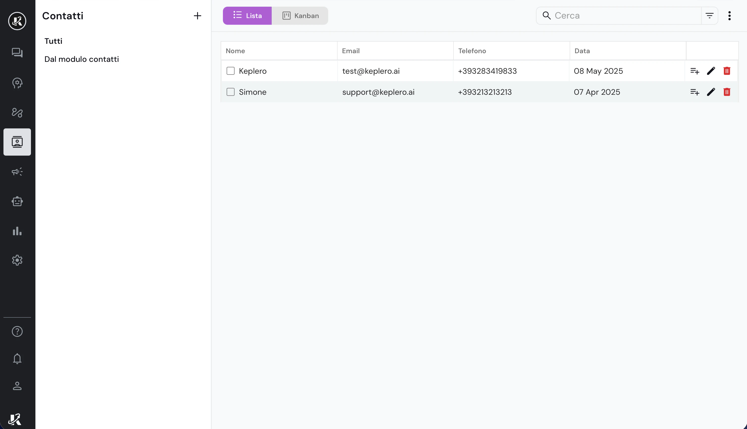 Vista della sezione Contatti nella dashboard di Keplero AI