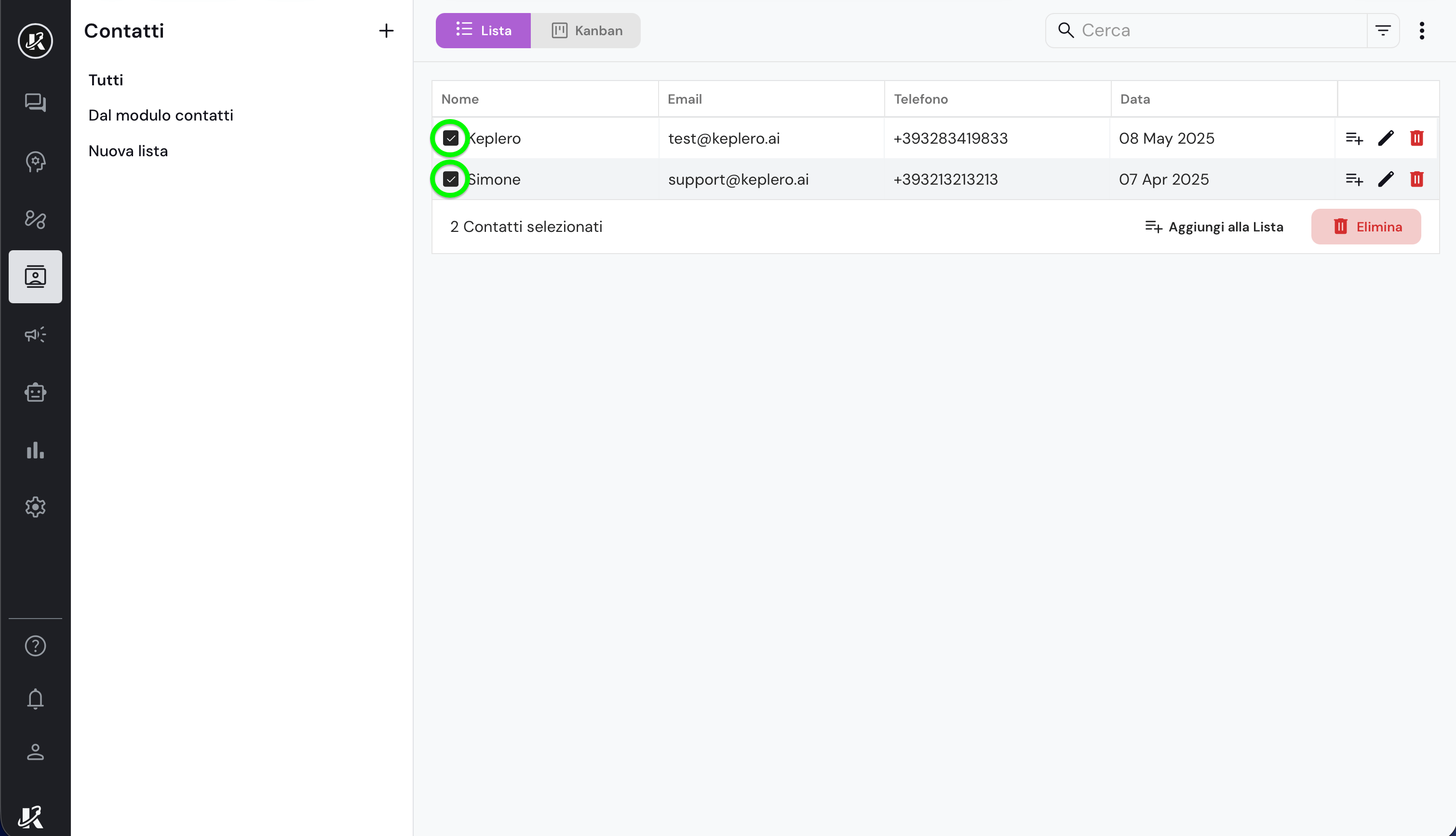 Vista della sezione Contatti nella dashboard di Keplero AI