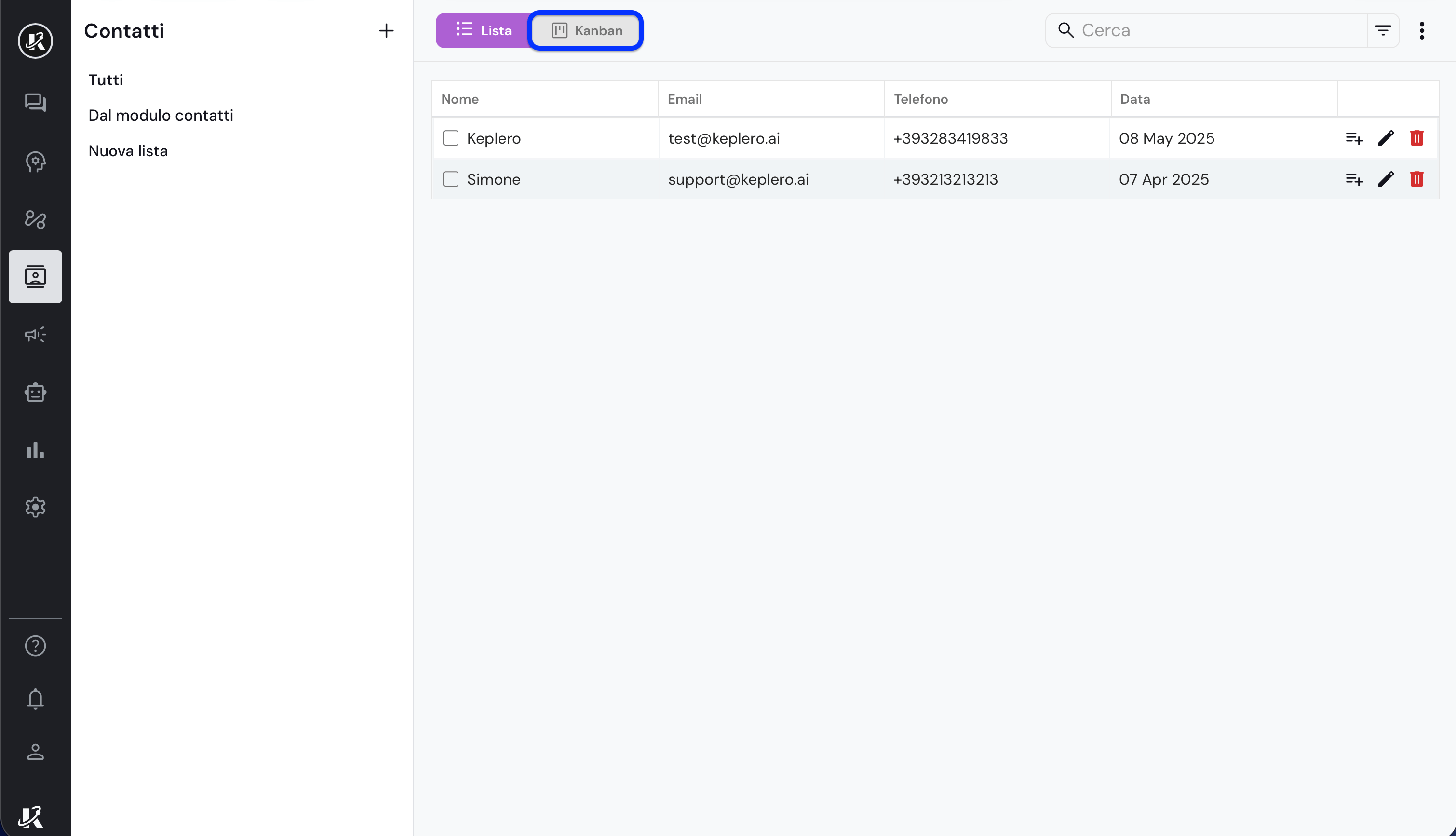 Vista della sezione Contatti nella dashboard di Keplero AI