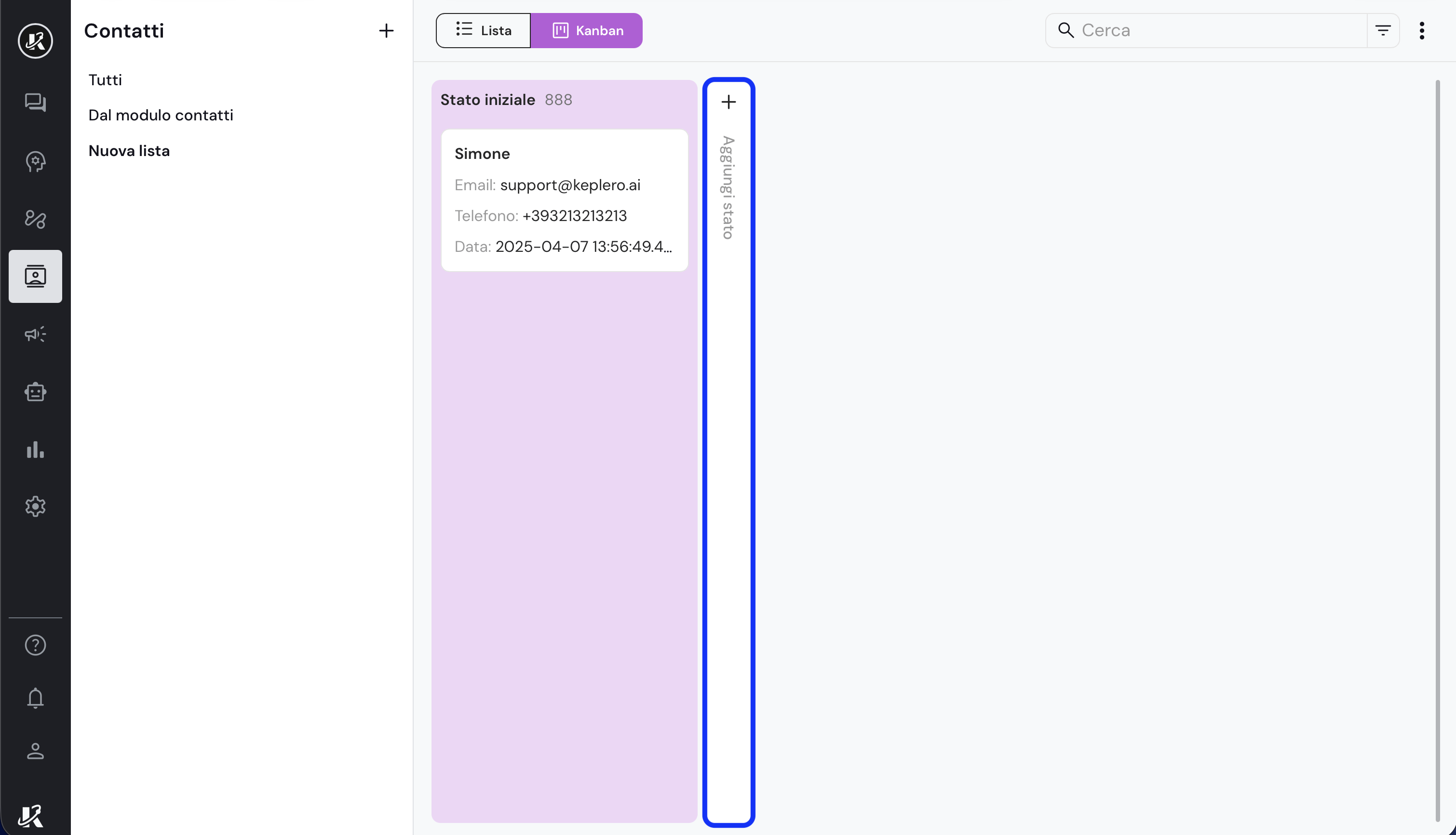 Vista della sezione Contatti nella dashboard di Keplero AI