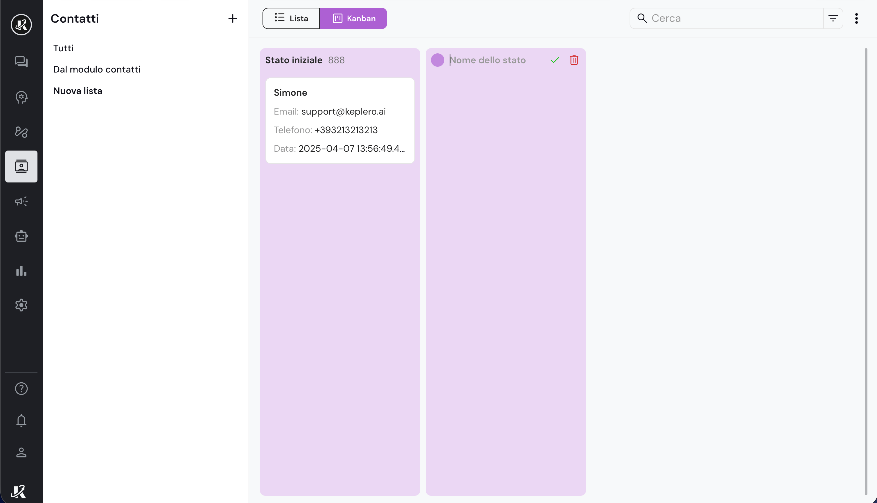 Vista della sezione Contatti nella dashboard di Keplero AI