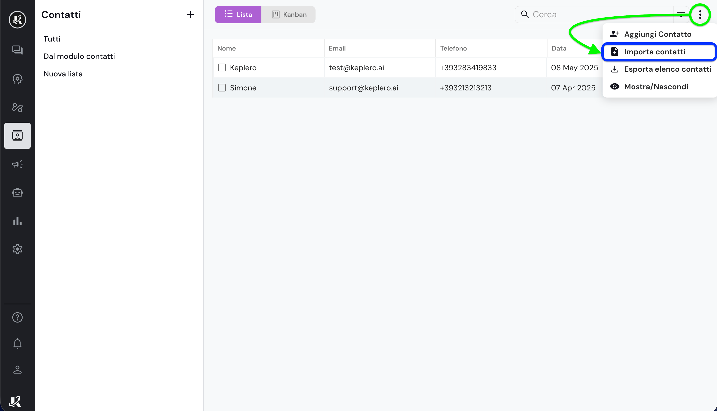 Vista della sezione Contatti nella dashboard di Keplero AI