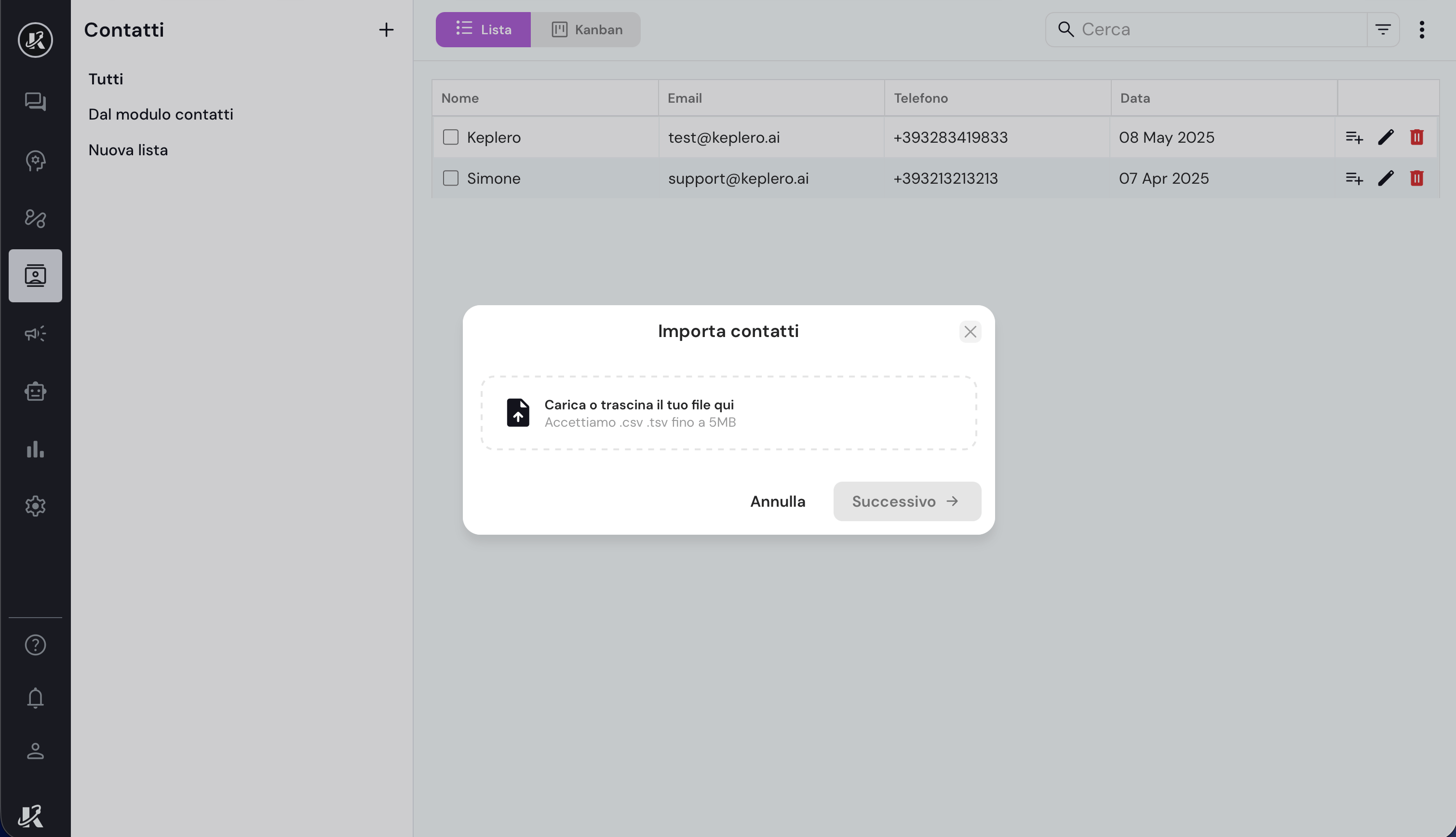 Vista della sezione Contatti nella dashboard di Keplero AI