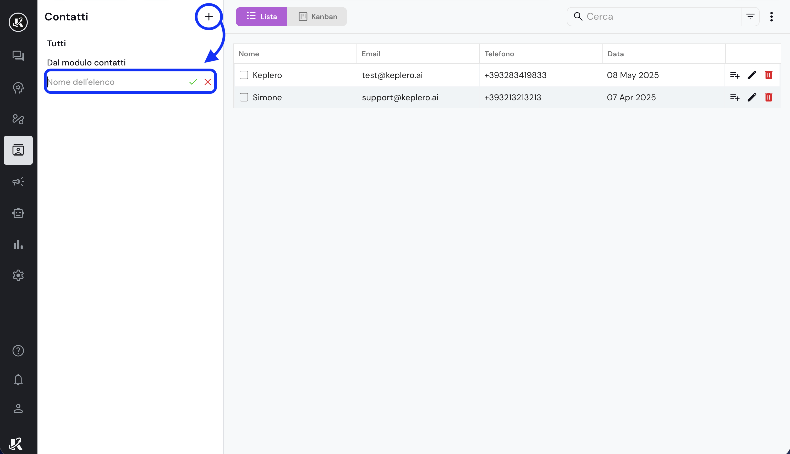 Vista della sezione Contatti nella dashboard di Keplero AI