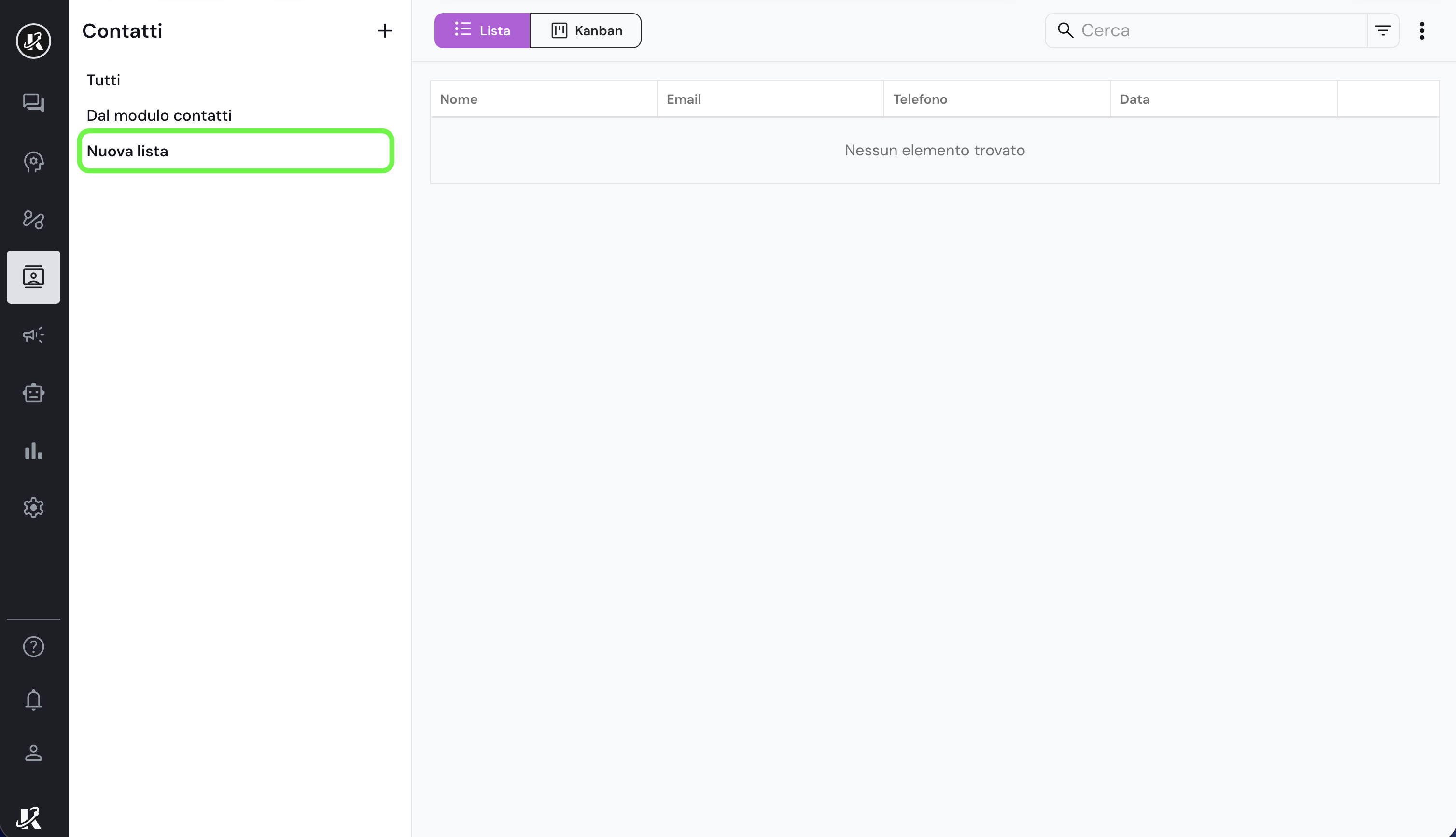 Vista della sezione Contatti nella dashboard di Keplero AI