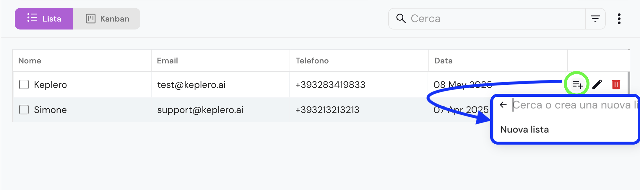 Vista della sezione Contatti nella dashboard di Keplero AI