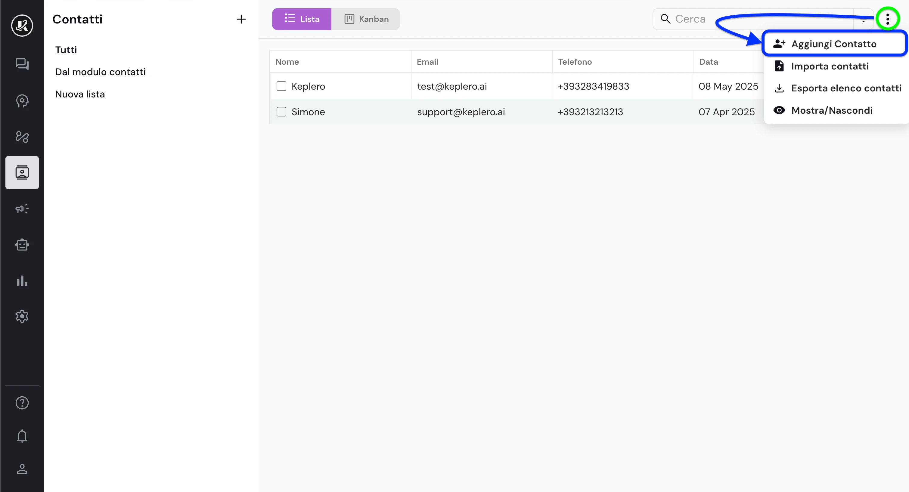 Vista della sezione Contatti nella dashboard di Keplero AI