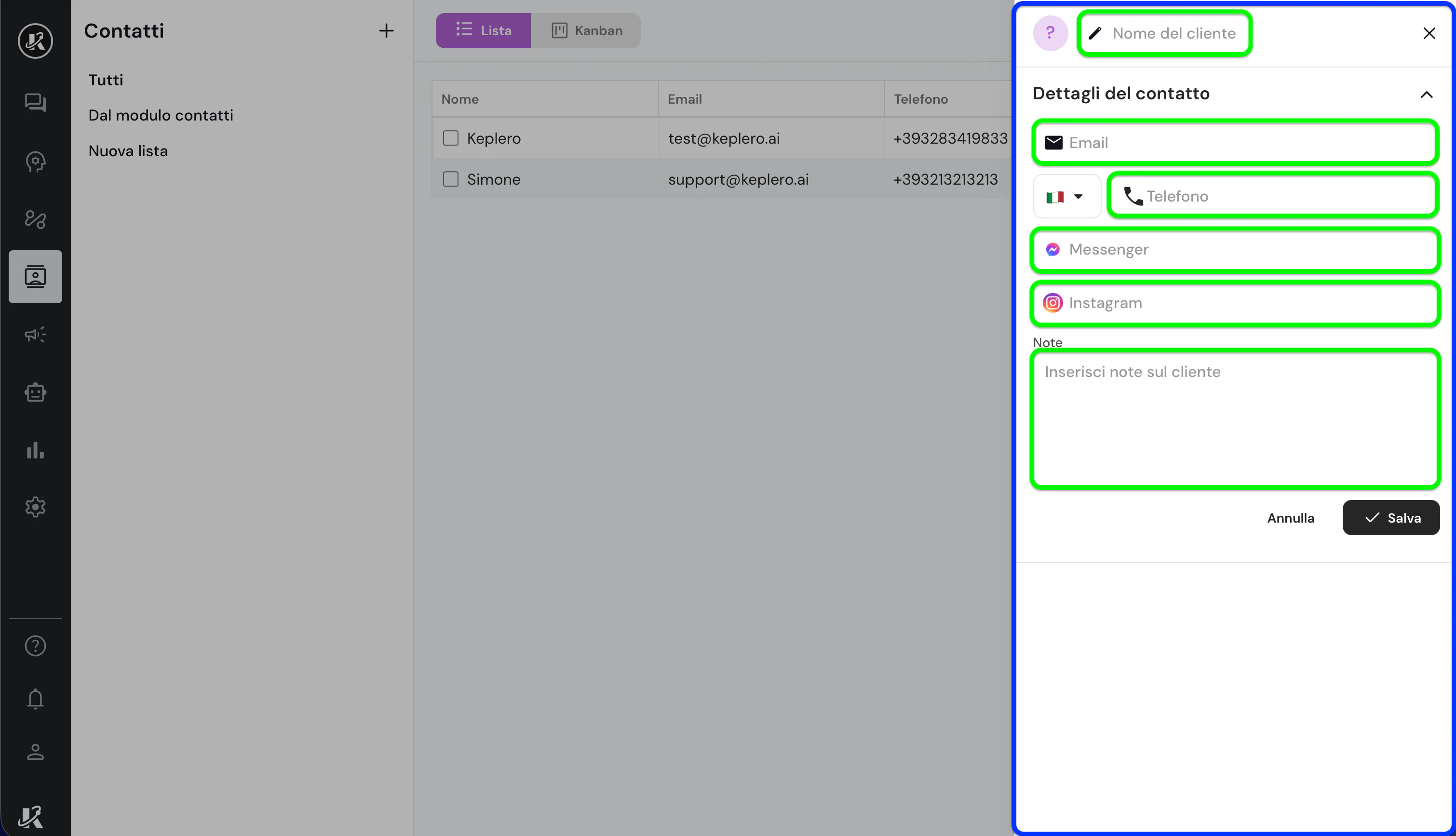 Vista della sezione Contatti nella dashboard di Keplero AI