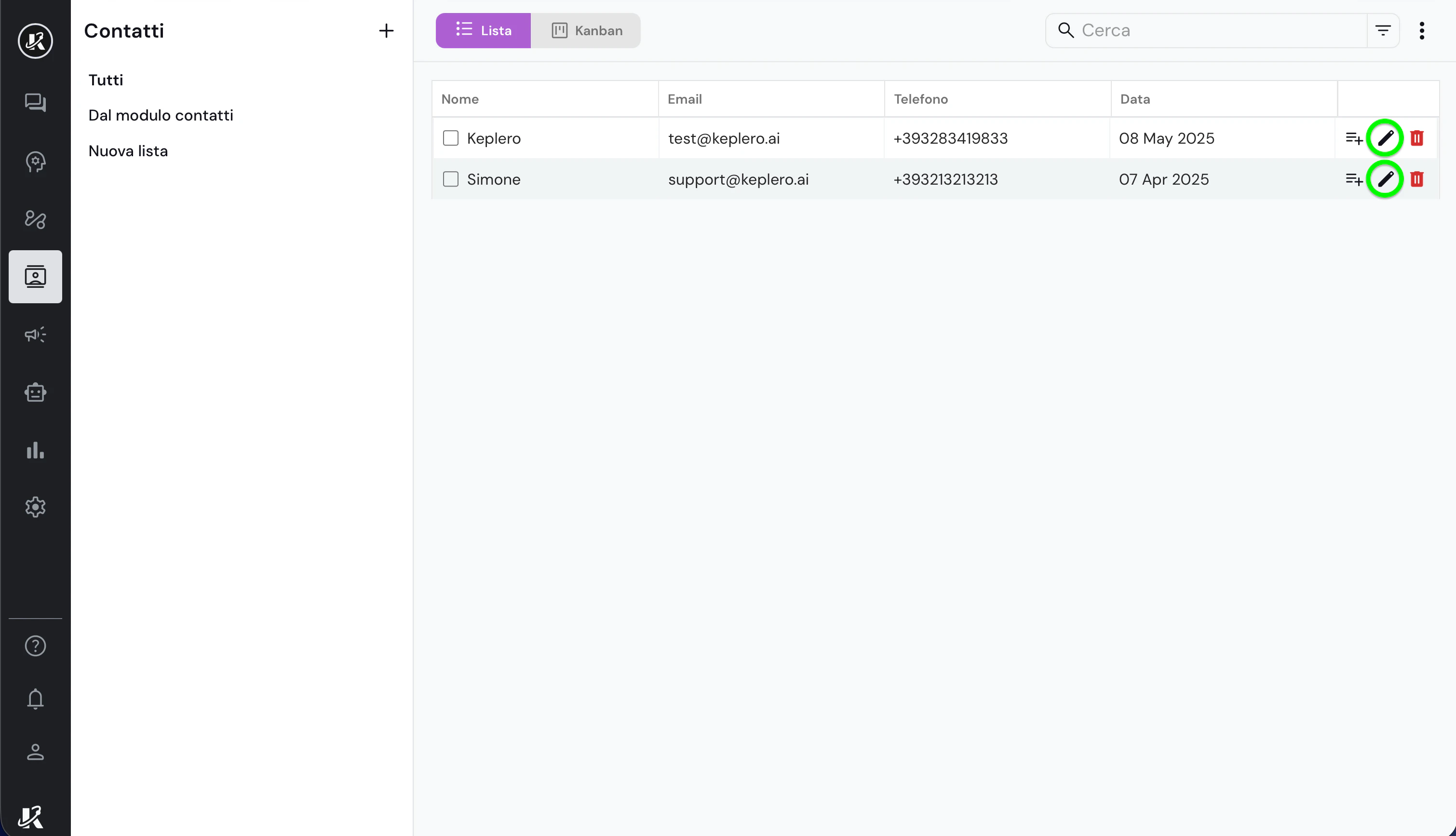Vista della sezione Contatti nella dashboard di Keplero AI