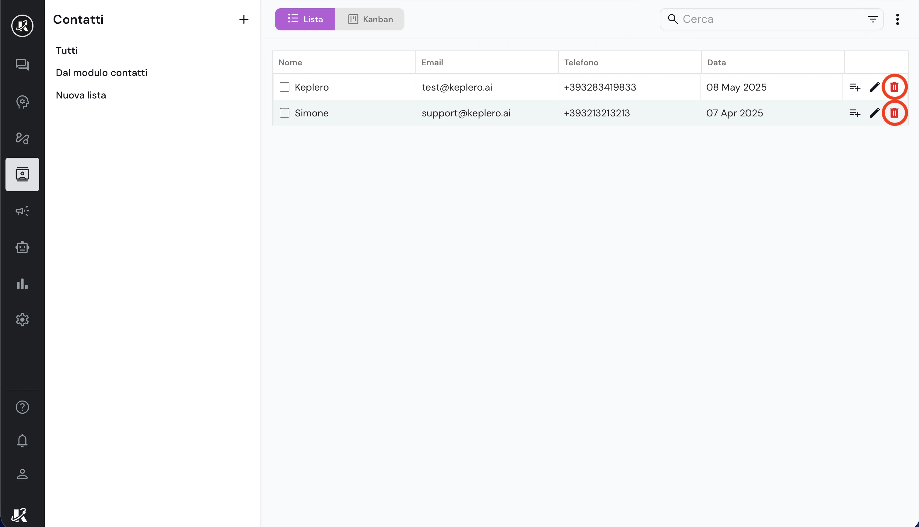 Vista della sezione Contatti nella dashboard di Keplero AI