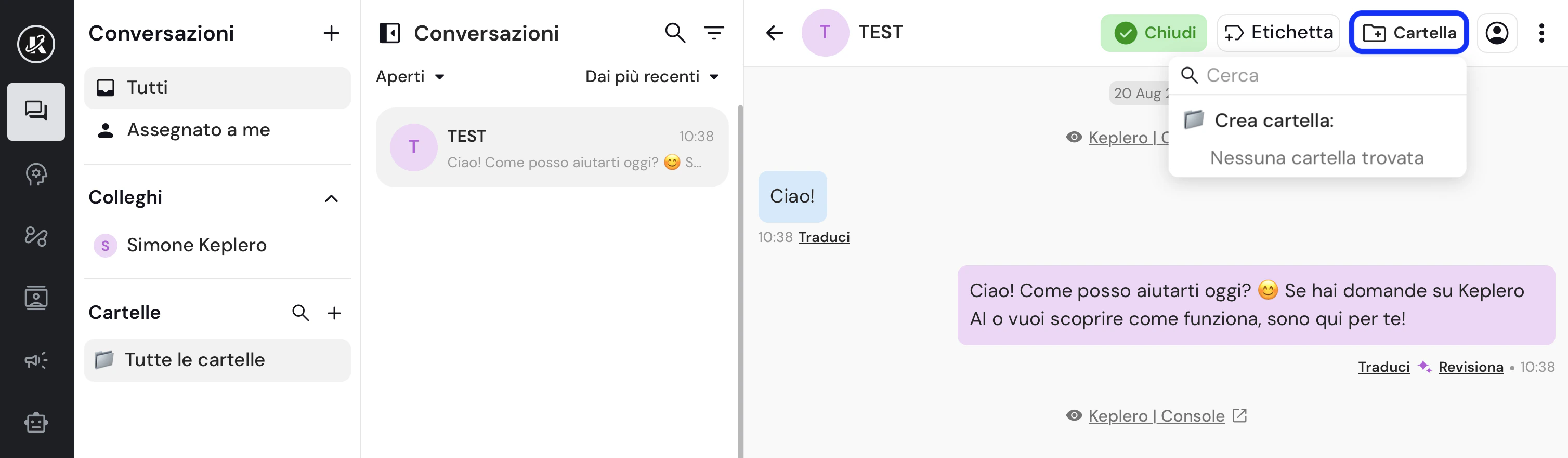 Vista della sezione Cartelle nella dasbhaord di Keplero AI