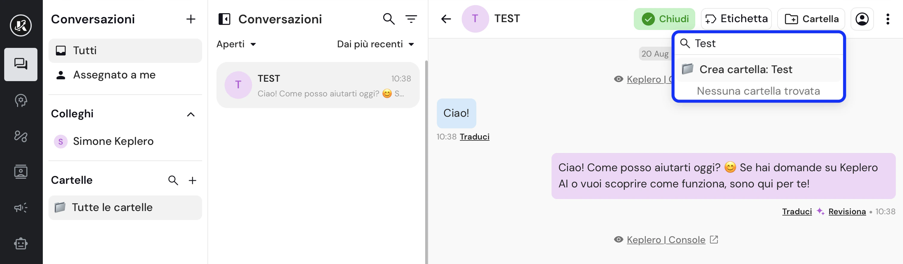 Vista della sezione Cartelle nella dasbhaord di Keplero AI