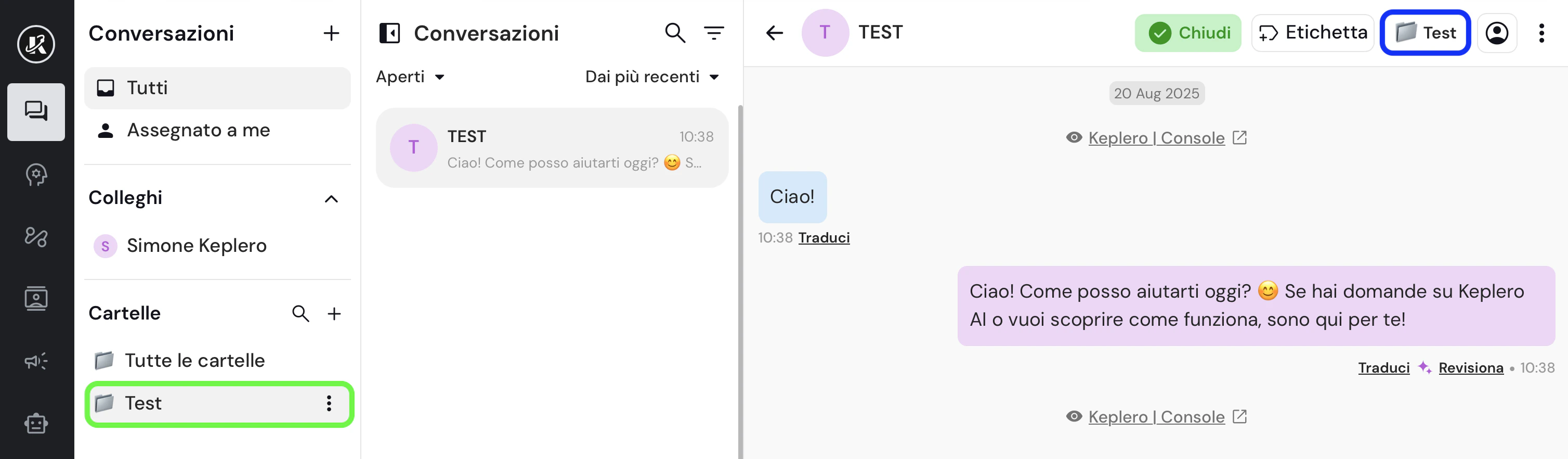 Vista della sezione Cartelle nella dasbhaord di Keplero AI