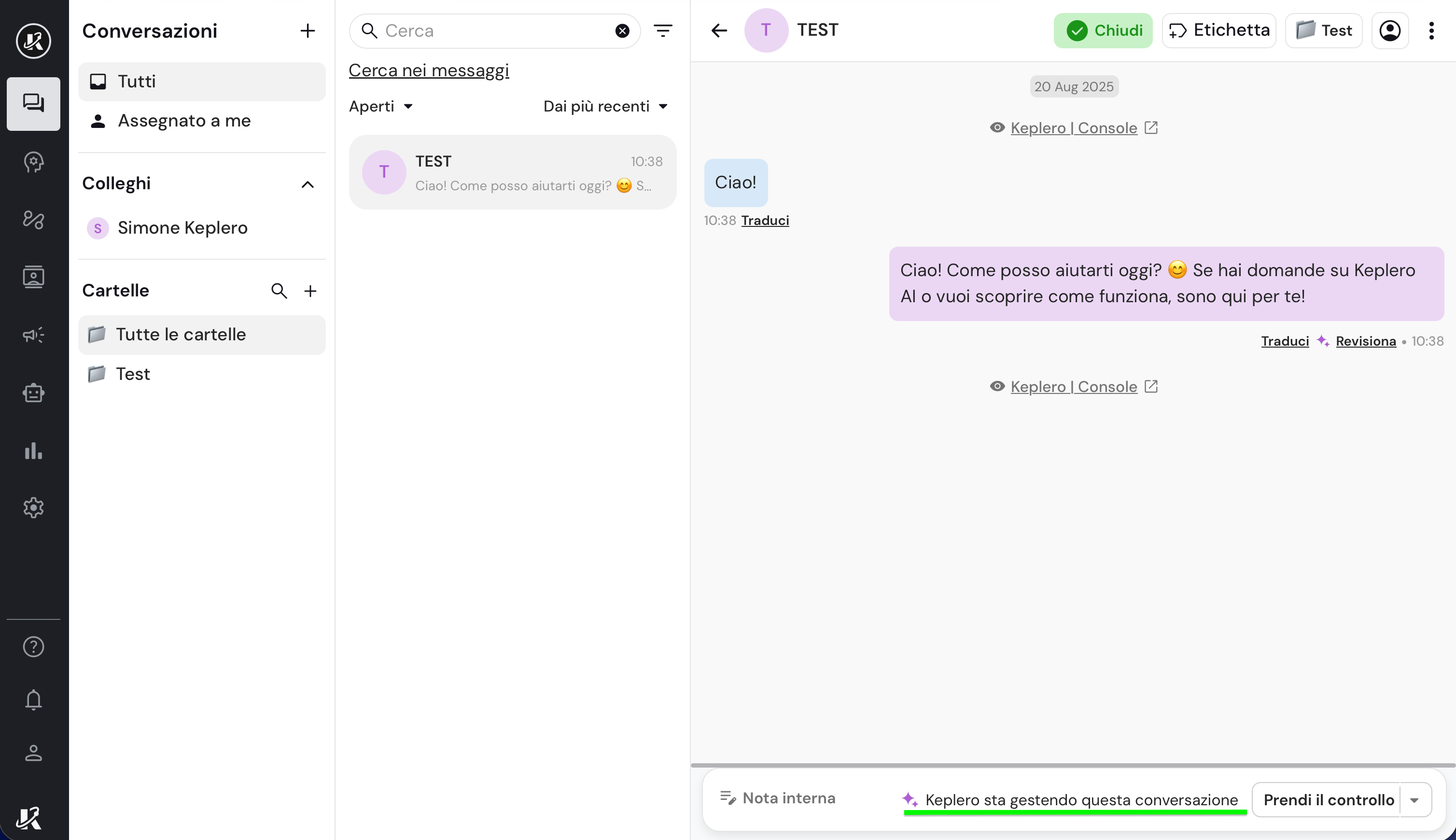Controllo manuale delle chat nella dasbhaord di Keplero AI