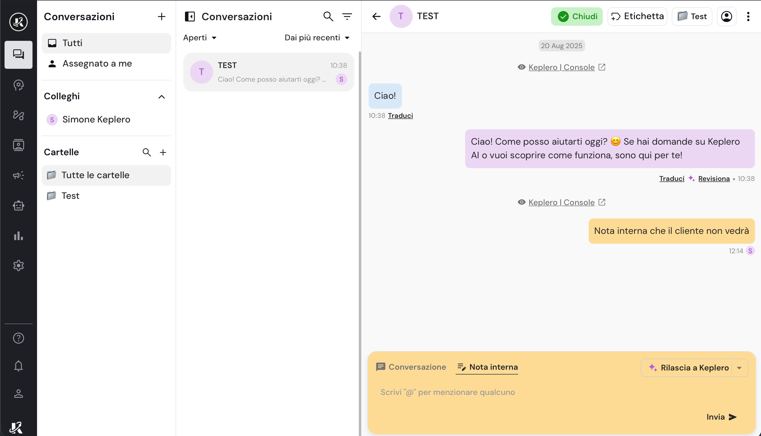 Controllo manuale delle chat nella dasbhaord di Keplero AI