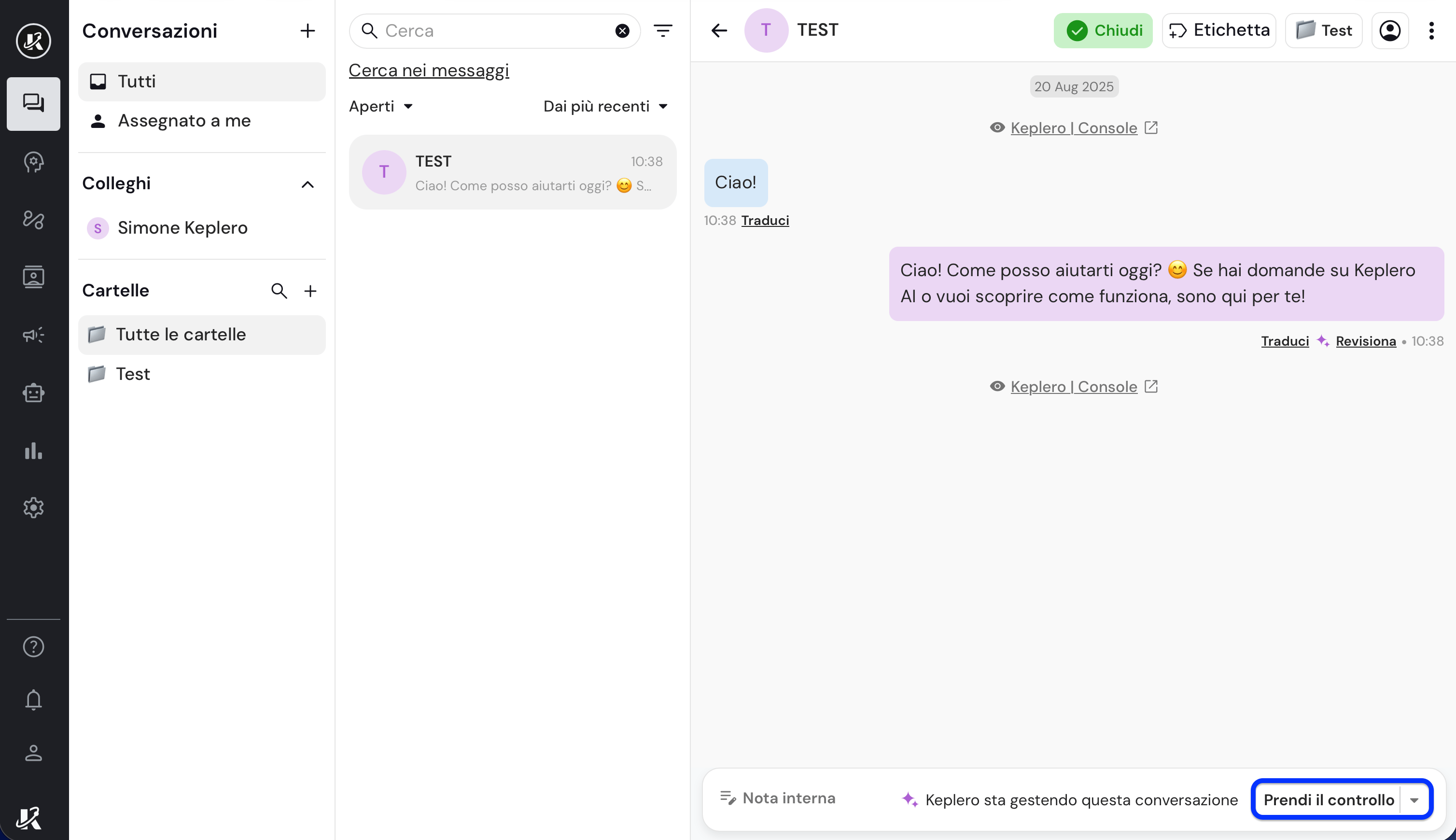 Controllo manuale delle chat nella dasbhaord di Keplero AI