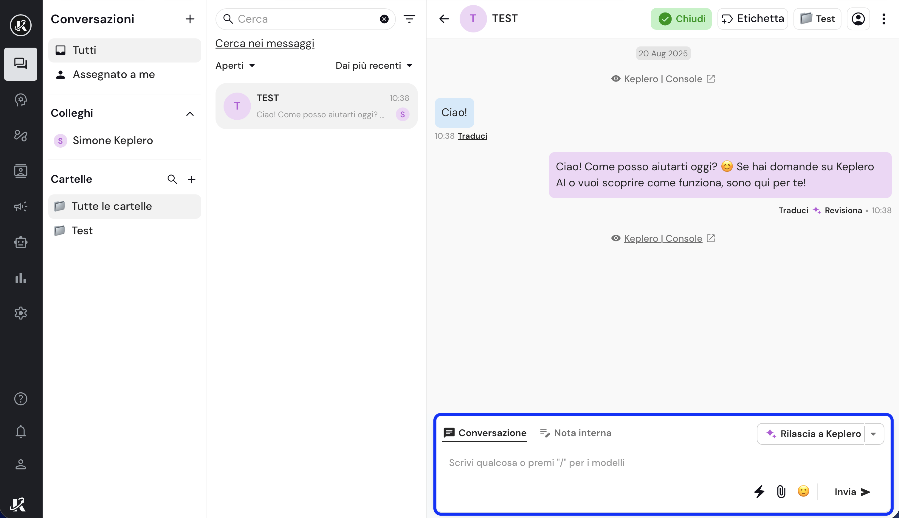 Controllo manuale delle chat nella dasbhaord di Keplero AI