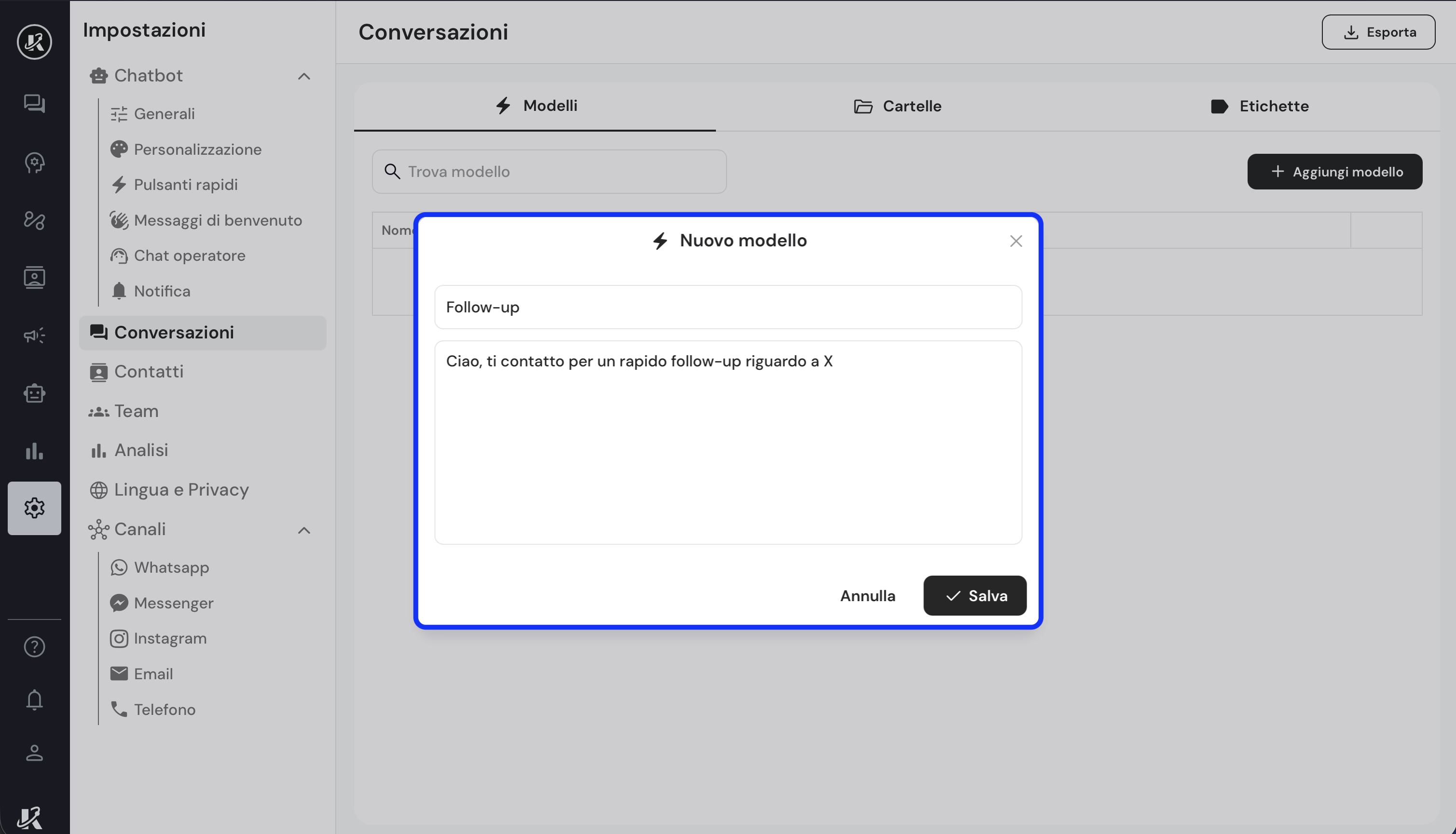 Controllo manuale delle chat nella dasbhaord di Keplero AI