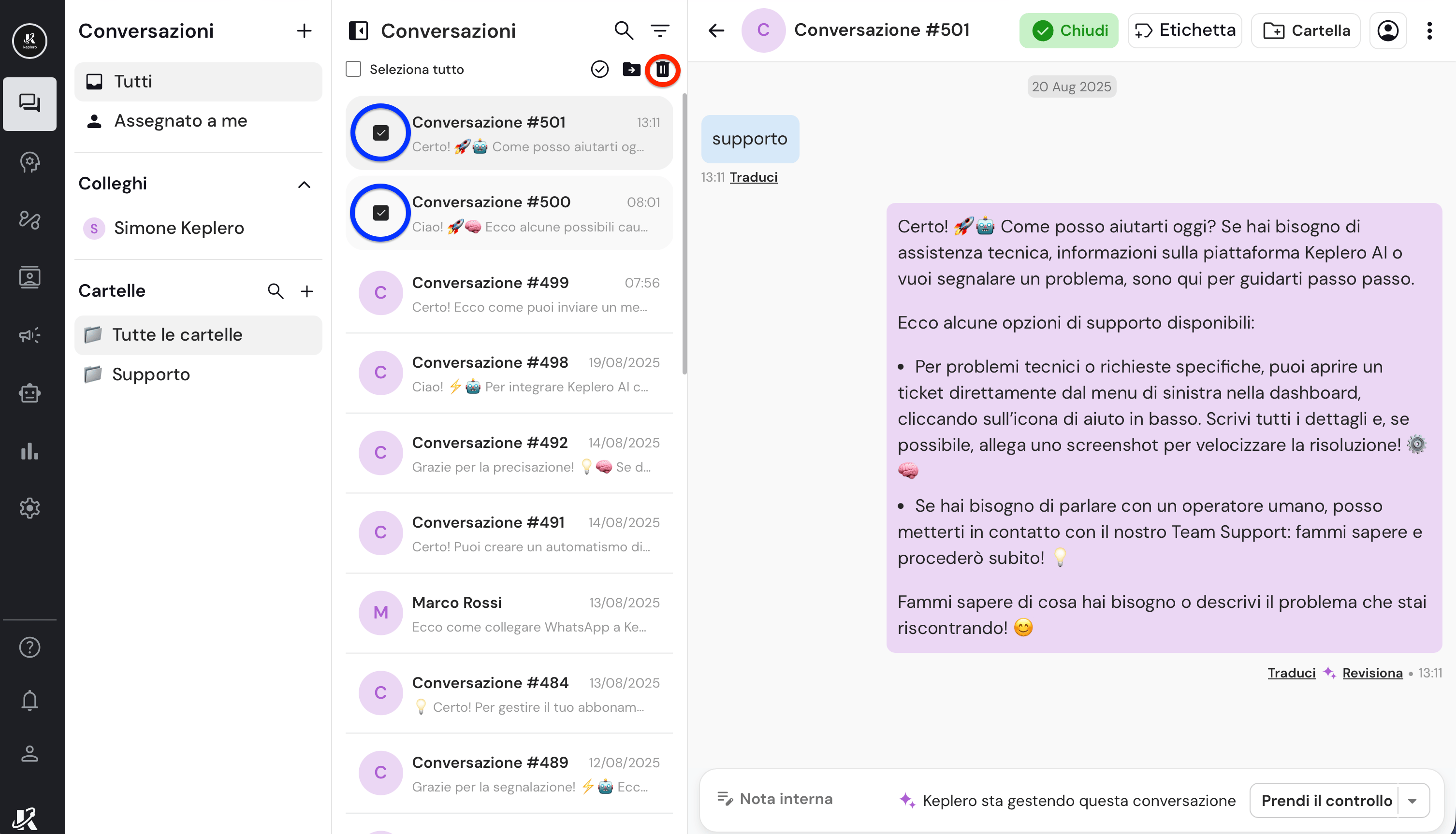 Selezione multipla delle chat nella dasbhaord di Keplero AI