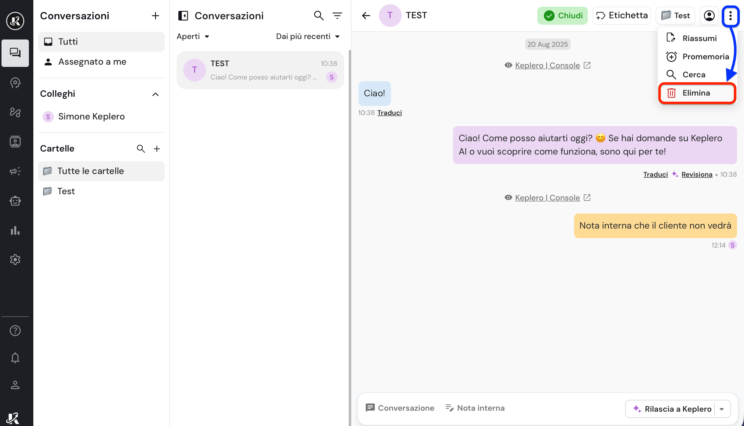 Selezione multipla delle chat nella dasbhaord di Keplero AI