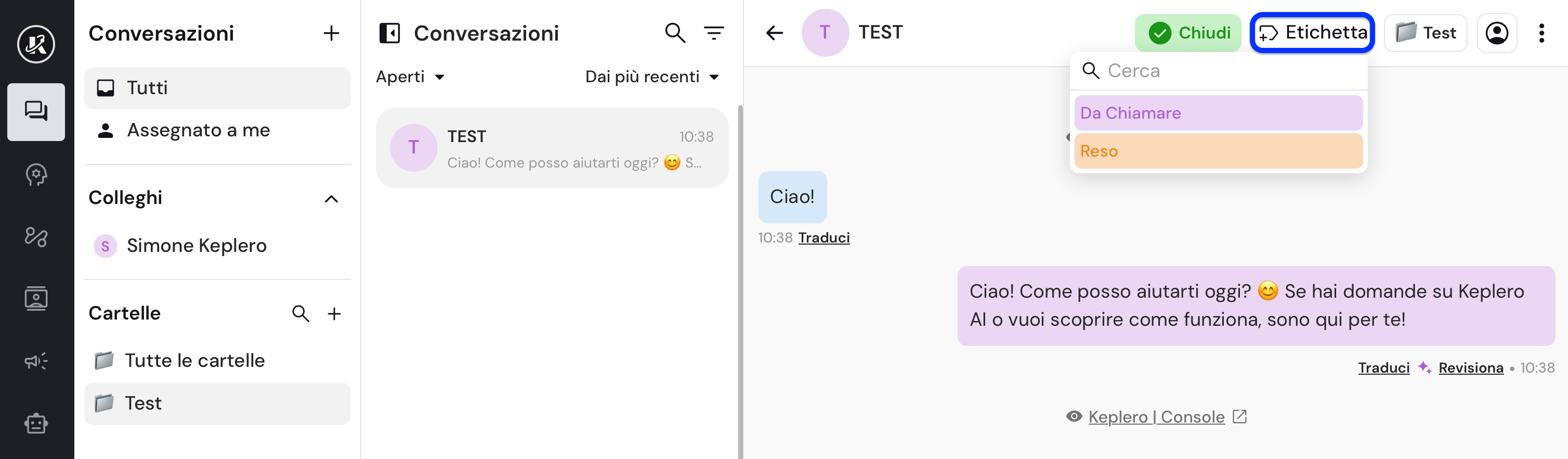 Vista della sezione Cartelle nella dasbhaord di Keplero AI