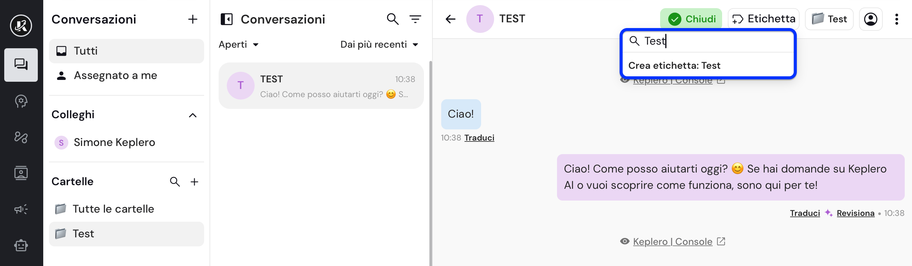 Vista della sezione Cartelle nella dasbhaord di Keplero AI