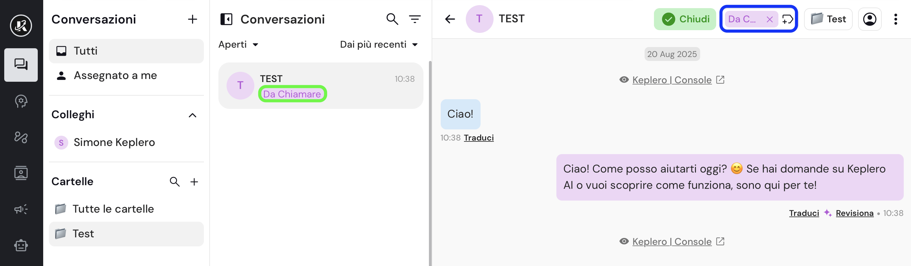 Vista della sezione Cartelle nella dasbhaord di Keplero AI
