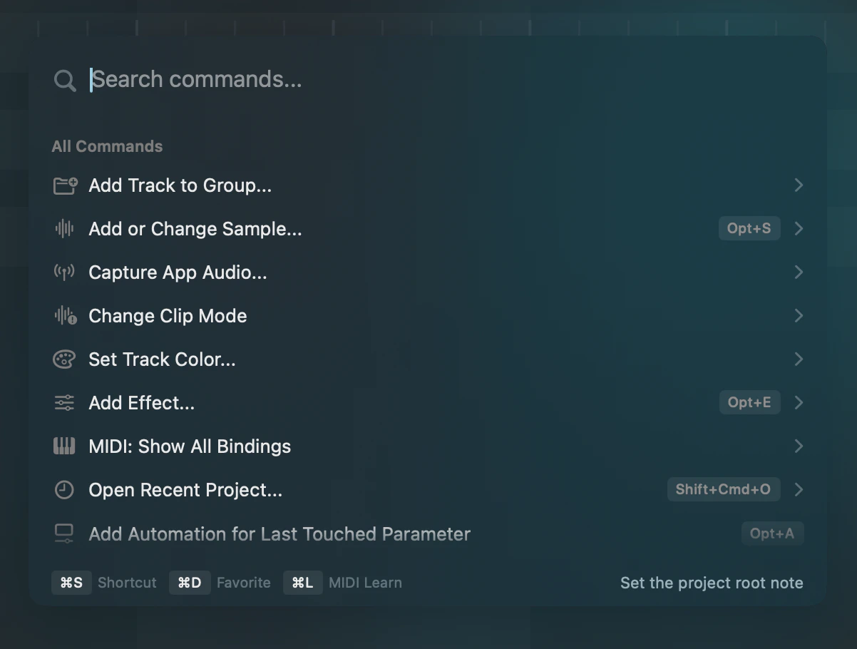 Command palette open with search results